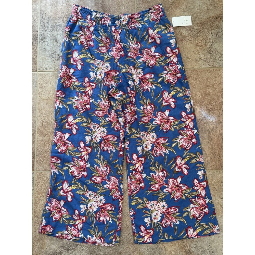A New Day Women's Linen Wide Leg Pull-On Pants Blue Floral Size XXL